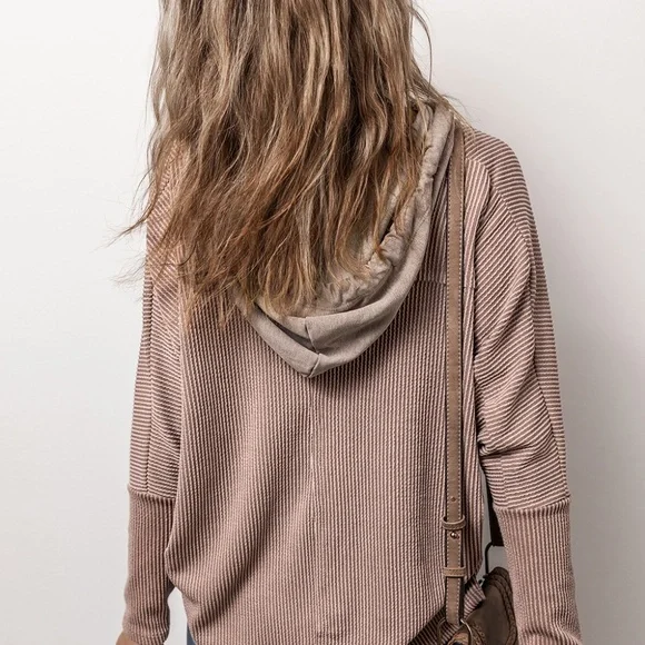 B132 Dark Brown Flap Pocket Patchwork Corded Drawstring Hoodie - Picture 3 of 5